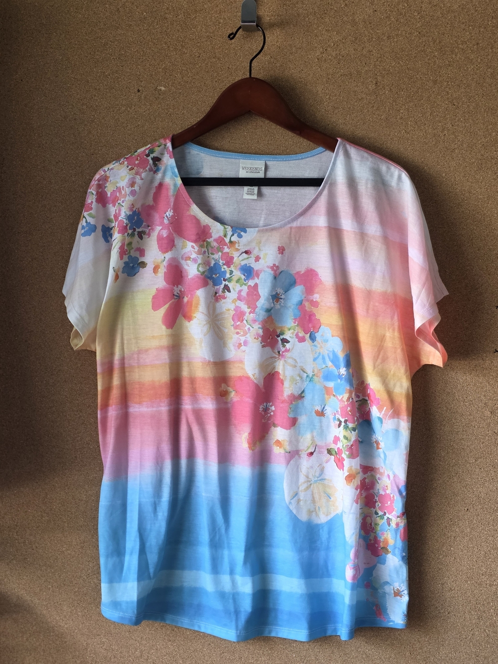 Chico’s Weekends Multicolor Floral Print Blouse Sz 3 (XL) Short Sleeve Tee Shirt